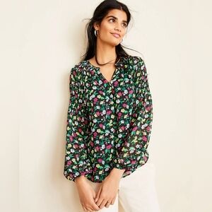 Ann Taylor Floral Split Neck Smocked Sleeves Blouse